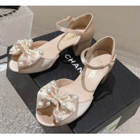 Super Quality Chanel Silk Heel Sandals with Pearls Bow Nude 819063