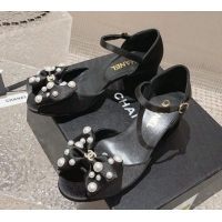 Most Popular Chanel Silk Heel Sandals with Pearls Bow Black 819064