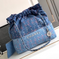 Famous Brand CHANEL 22 Shopping Bag Denim & Silver-Tone Metal AS3261 Blue