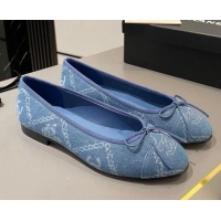 Good Quality Chanel Printed Denim Ballet Flat with Bow Blue 819070