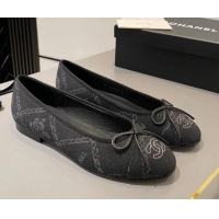 Comfortable Chanel Printed Denim Ballet Flat with Bow Black 819071