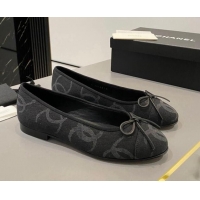 Luxurious Chanel CC Denim Ballet Flat with Bow Black 819072