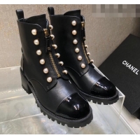 Best Grade Chanel Calfskin Ankle Boots with Pearls and Zip Black 819075