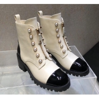 Best Product Chanel Calfskin Ankle Boots with Pearls and Zip White 819076