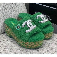 Big Discount Chanel Shearling Platform Slide Sandals with Pearls CC Green 826003