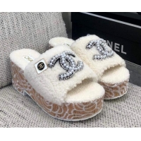 Best Price Chanel Shearling Platform Slide Sandals with Pearls CC White 826004