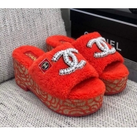 Popular Style Chanel Shearling Platform Slide Sandals with Pearls CC Orange 0826005