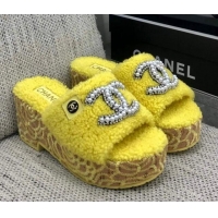 Lower Price Chanel Shearling Platform Slide Sandals with Pearls CC Yellow 826006