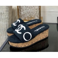 Most Popular Chanel CC Towel Cloth Platform Slide Sandals Black 826011