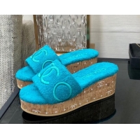 Charming Chanel CC Towel Cloth Platform Slide Sandals Blue 826012