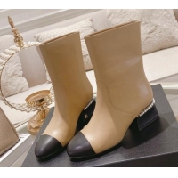 Best Quality Chanel Lambskin Heel Ankle Boots 4.5cm with Pearls Beige 828016