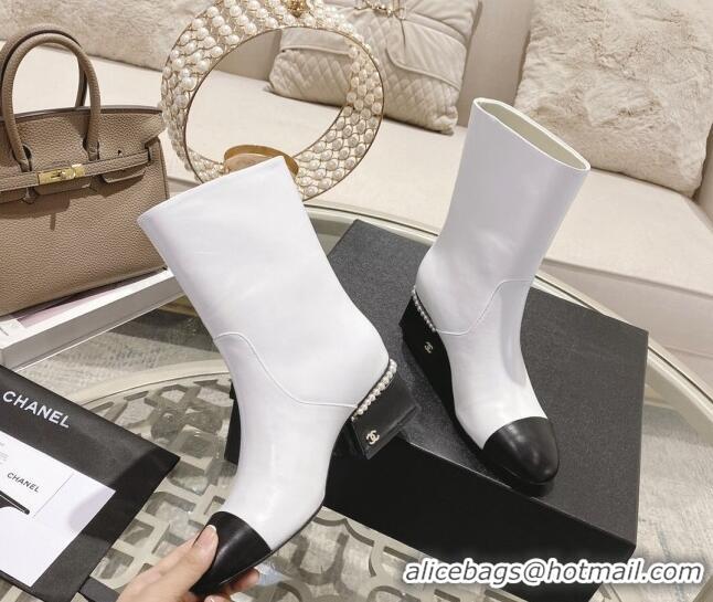 Pretty Style Chanel Lambskin Heel Ankle Boots 4.5cm with Pearls White 828017