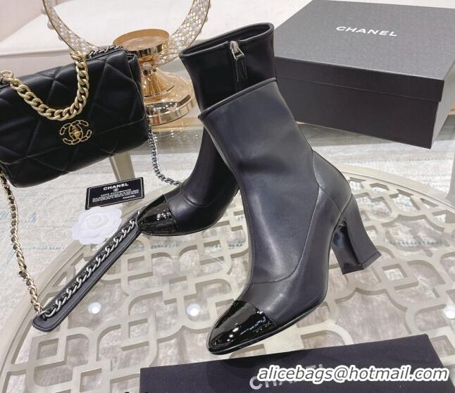 Grade Quality Chanel Calfskin & Patent Leather Ankle Boots 7.5cm with Back Chain CC Black 828018