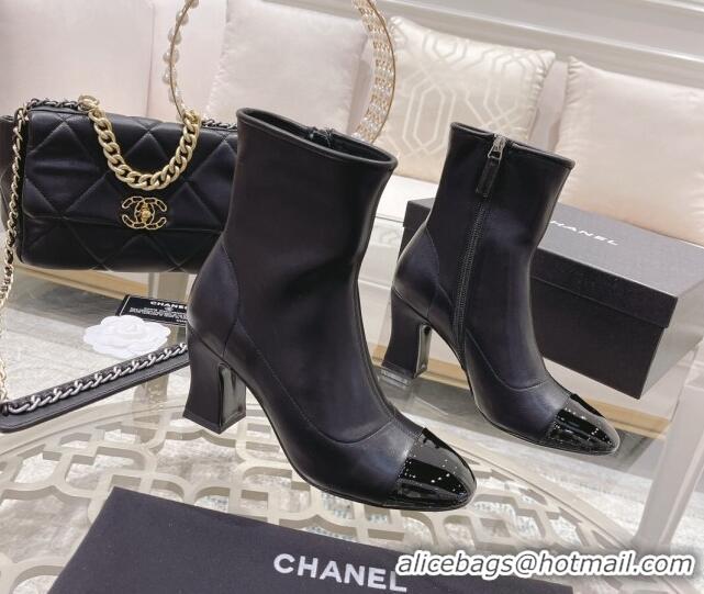 Grade Quality Chanel Calfskin & Patent Leather Ankle Boots 7.5cm with Back Chain CC Black 828018