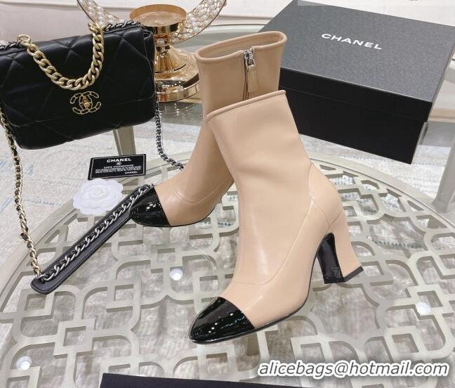 Top Grade Chanel Calfskin & Patent Leather Ankle Boots 7.5cm with Back Chain CC Beige 828019