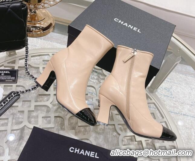 Top Grade Chanel Calfskin & Patent Leather Ankle Boots 7.5cm with Back Chain CC Beige 828019