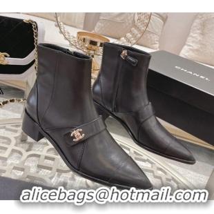 Durable Chanel Calfskin Pointed Ankle Boots 4cm with CC Strap Black 828021