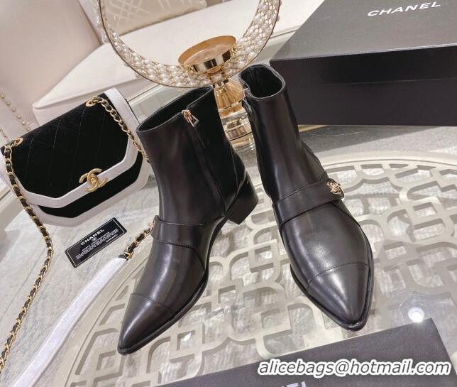 Durable Chanel Calfskin Pointed Ankle Boots 4cm with CC Strap Black 828021