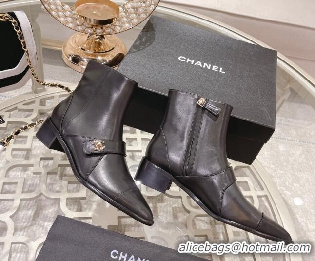 Durable Chanel Calfskin Pointed Ankle Boots 4cm with CC Strap Black 828021