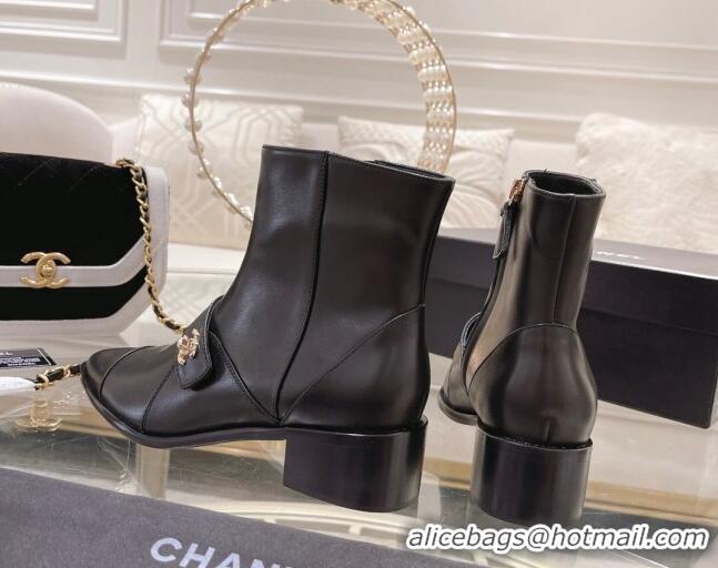 Durable Chanel Calfskin Pointed Ankle Boots 4cm with CC Strap Black 828021