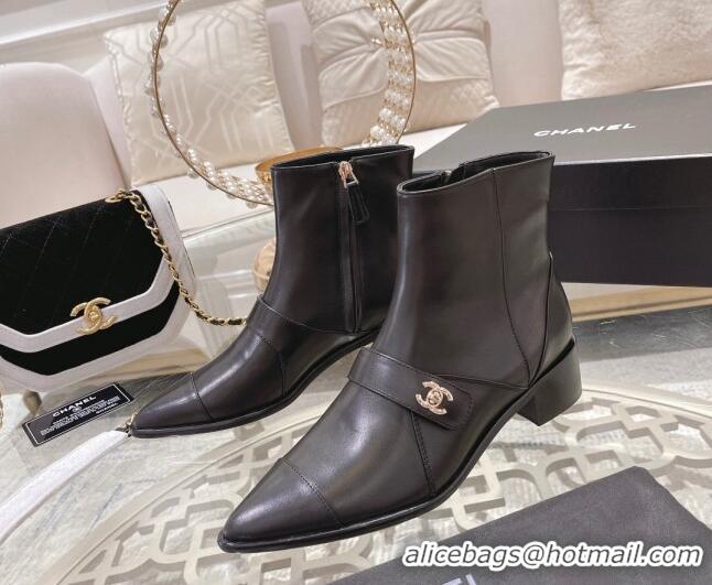 Durable Chanel Calfskin Pointed Ankle Boots 4cm with CC Strap Black 828021