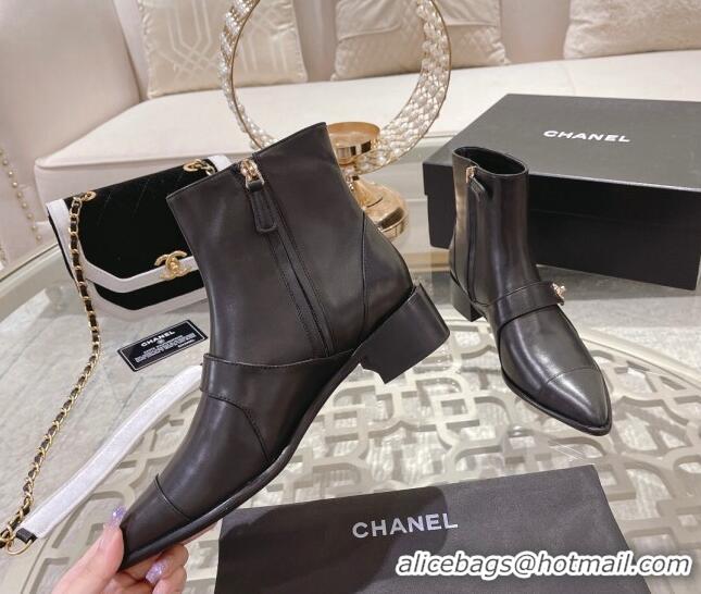 Durable Chanel Calfskin Pointed Ankle Boots 4cm with CC Strap Black 828021