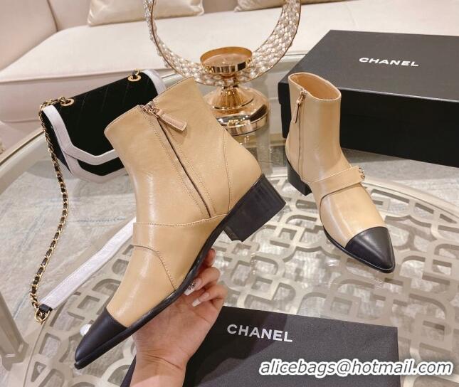 Good Product Chanel Calfskin Pointed Ankle Boots 4cm with CC Strap Beige 828022