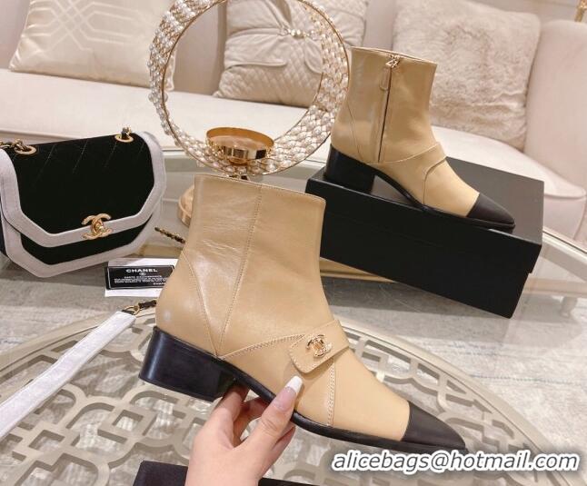 Good Product Chanel Calfskin Pointed Ankle Boots 4cm with CC Strap Beige 828022