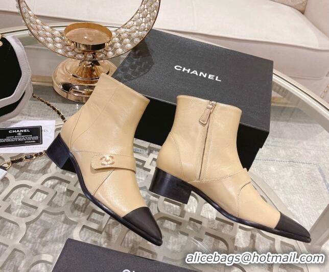 Good Product Chanel Calfskin Pointed Ankle Boots 4cm with CC Strap Beige 828022