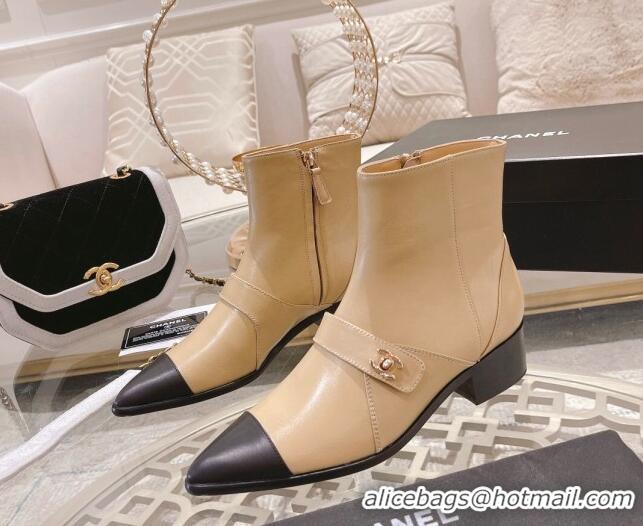 Good Product Chanel Calfskin Pointed Ankle Boots 4cm with CC Strap Beige 828022