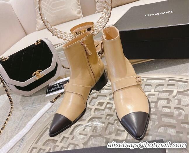 Good Product Chanel Calfskin Pointed Ankle Boots 4cm with CC Strap Beige 828022