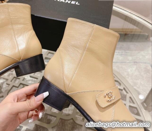 Good Product Chanel Calfskin Pointed Ankle Boots 4cm with CC Strap Beige 828022