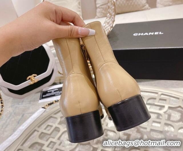 Good Product Chanel Calfskin Pointed Ankle Boots 4cm with CC Strap Beige 828022