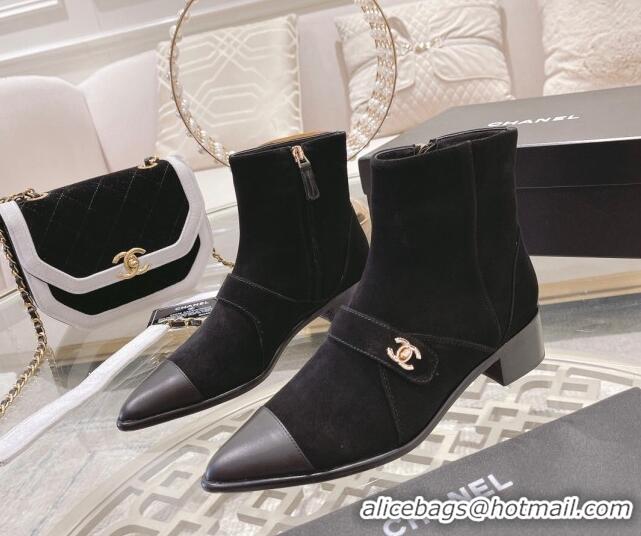 Low Price Chanel Suede & Leather Pointed Ankle Boots 4cm with CC Strap Black 828023