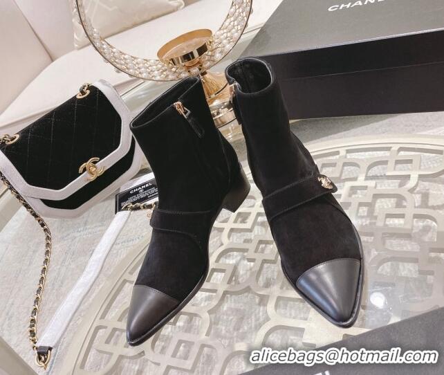 Low Price Chanel Suede & Leather Pointed Ankle Boots 4cm with CC Strap Black 828023