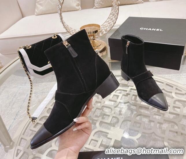 Low Price Chanel Suede & Leather Pointed Ankle Boots 4cm with CC Strap Black 828023