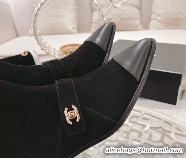 Low Price Chanel Suede & Leather Pointed Ankle Boots 4cm with CC Strap Black 828023