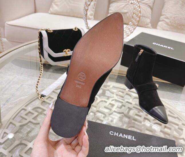 Low Price Chanel Suede & Leather Pointed Ankle Boots 4cm with CC Strap Black 828023