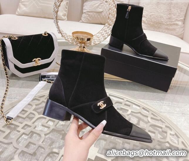 Low Price Chanel Suede & Leather Pointed Ankle Boots 4cm with CC Strap Black 828023