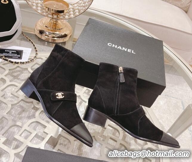 Low Price Chanel Suede & Leather Pointed Ankle Boots 4cm with CC Strap Black 828023