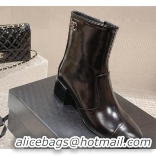 Good Looking Chanel Patent Calfskin Heel Ankle Boots with Chain CC Black 828024