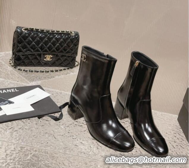 Good Looking Chanel Patent Calfskin Heel Ankle Boots with Chain CC Black 828024