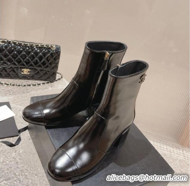 Good Looking Chanel Patent Calfskin Heel Ankle Boots with Chain CC Black 828024