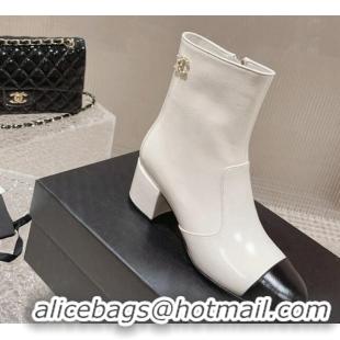 Top Design Chanel Patent Calfskin Heel Ankle Boots with Chain CC White 828025