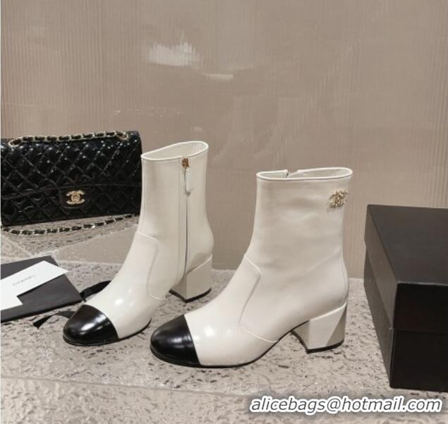 Top Design Chanel Patent Calfskin Heel Ankle Boots with Chain CC White 828025