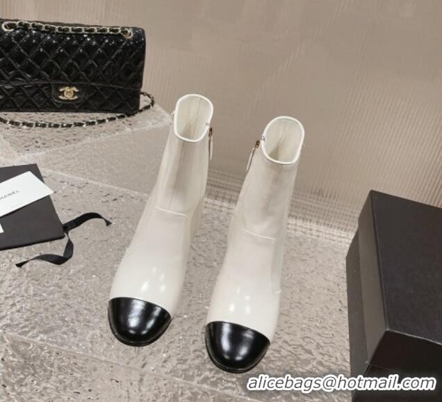 Top Design Chanel Patent Calfskin Heel Ankle Boots with Chain CC White 828025