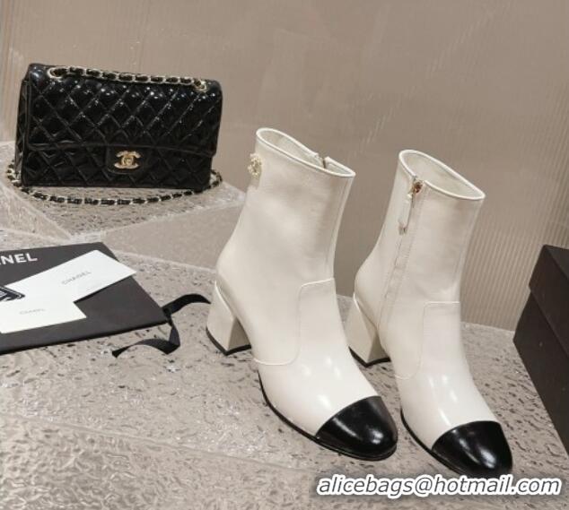 Top Design Chanel Patent Calfskin Heel Ankle Boots with Chain CC White 828025