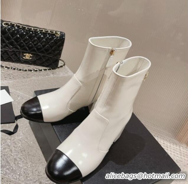 Top Design Chanel Patent Calfskin Heel Ankle Boots with Chain CC White 828025