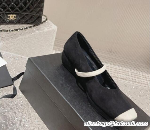 Best Grade Chanel Suede Square Mary Janes Wedge Pumps Black 828026