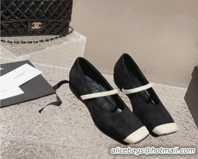 Best Grade Chanel Suede Square Mary Janes Wedge Pumps Black 828026